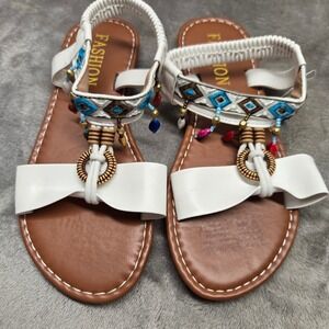 Fashion Kids White Boho Beaded Bow Sandals Elastic Slingback Flat Shoes Size 34